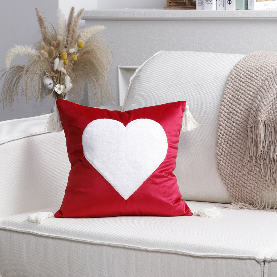 Square Decorative Pillow Cover with Fuzzy Heart Appliqué and Tassel Corners