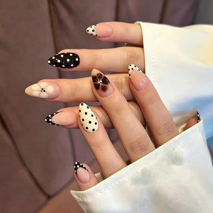 Elegant Pointed Press-On Nail Art with Polka Dot and Ombre Designs Stornfield