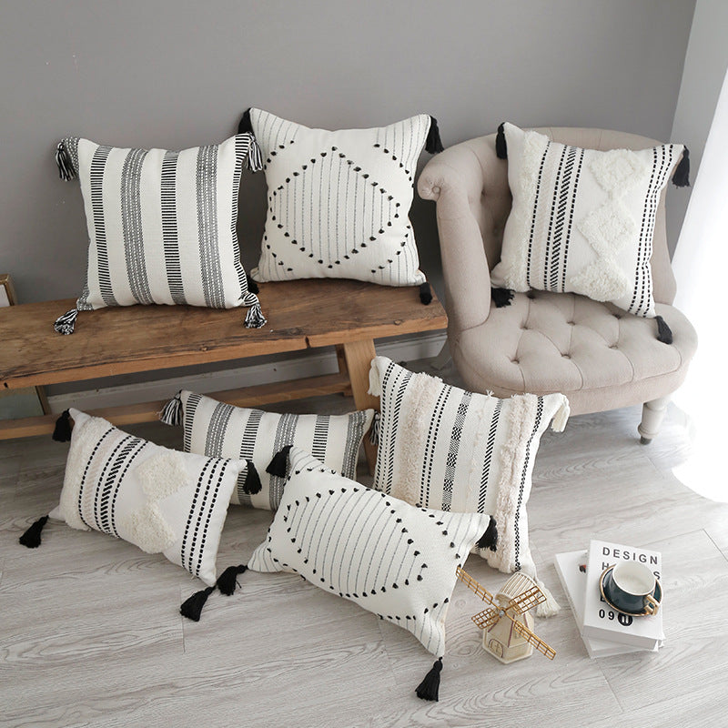 Decorative Cotton Tufted Square Throw Pillow with Tassel Corners and Geometric Stripe Embroidery