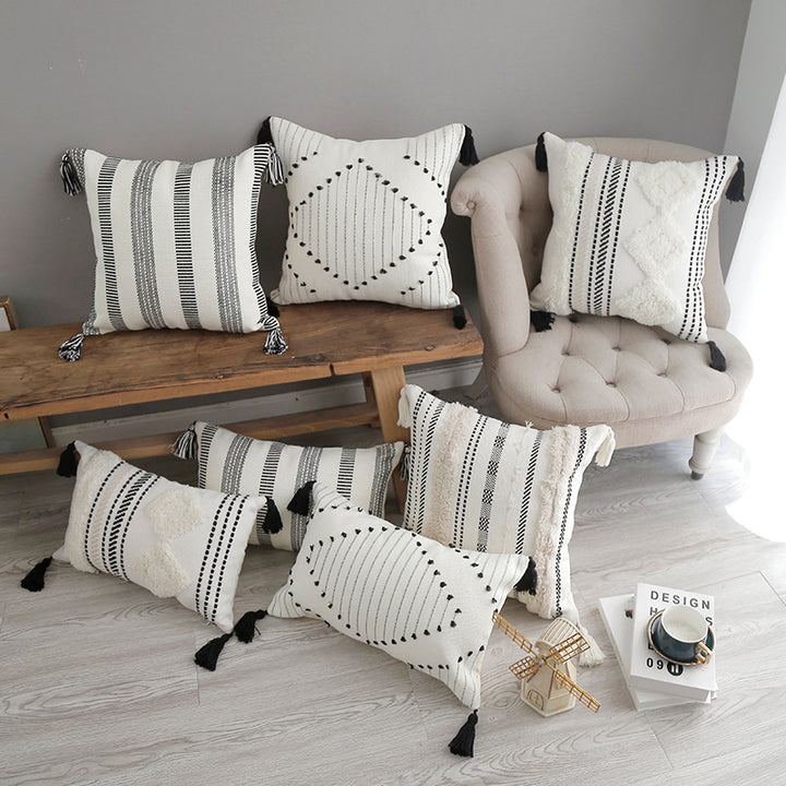 Decorative Cotton Tufted Square Throw Pillow with Tassel Corners and Geometric Stripe Embroidery