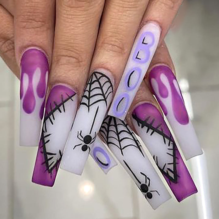 Halloween-Themed Long Press-On Nails with Spider and Drip Design Stornfield