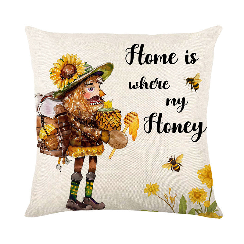 Square Decorative Cotton-Linen Throw Pillow Cover with Beehive Honeylife Illustration