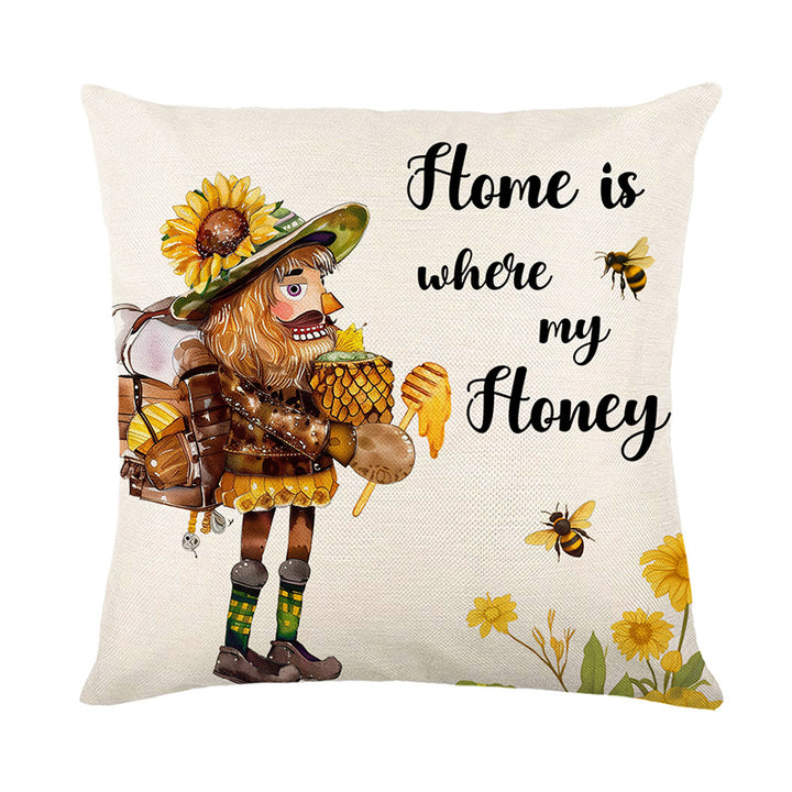 Square Decorative Cotton-Linen Throw Pillow Cover with Beehive Honeylife Illustration
