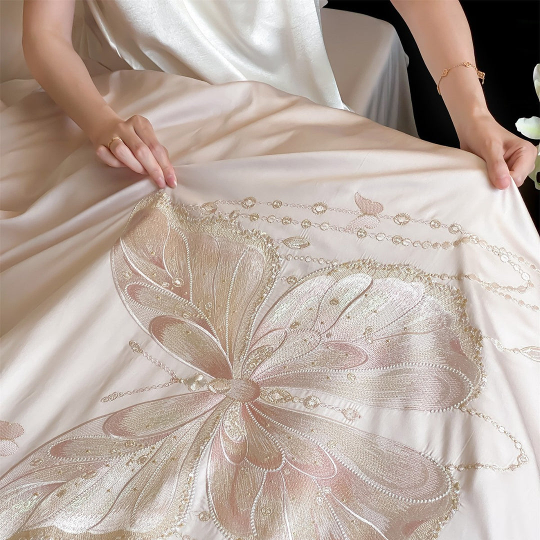 Luxury Satin Embroidered Butterfly Duvet Cover Set