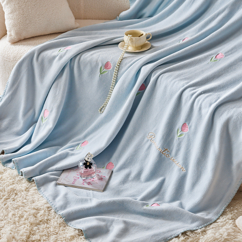 Plush Embroidered Tulip Velvet Bedspread and Matching Pillowcase Set