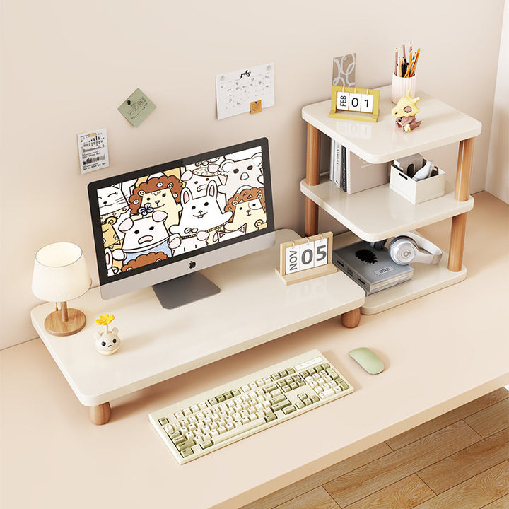 Solid Wood Monitor Riser with Tiered Desk Organizer and Cable Management