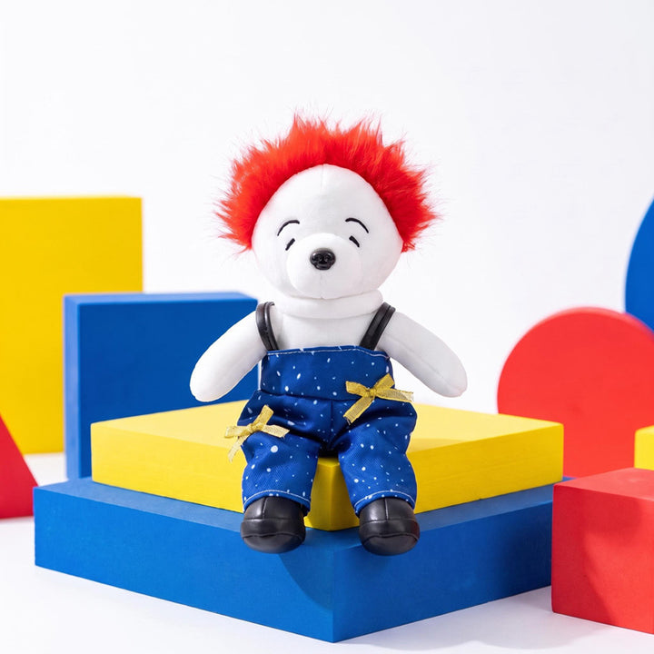 Plush Bear Character Doll with Faux-Fur Mohawk and Suspender Overalls Stornfield
