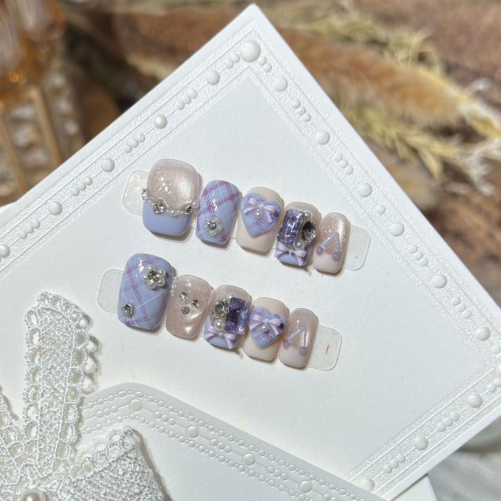 Decorative Luxury Press-On Nail Set with Elegant Bow and Gemstone Accents Stornfield