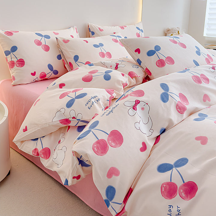 Rose-Print Cotton Sateen Duvet Cover Ensemble with Hypoallergenic Down-Alternative Comforter