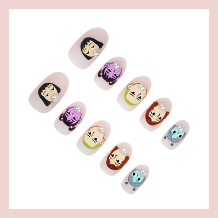 Artifical nail set with creative character designs and elegant pearl accents Stornfield