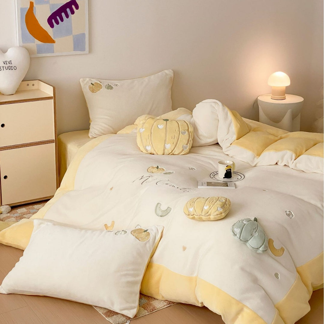 Velvet-Feel Pumpkin Embroidered Duvet Cover & Sham Set