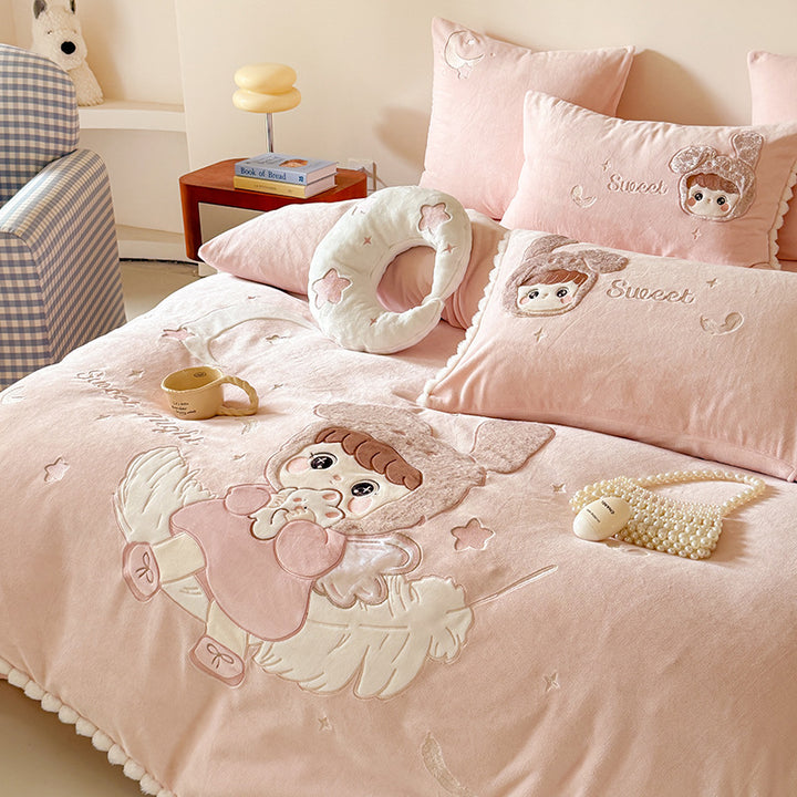 Children's Embroidered Cartoon Duvet Cover Bedding Set with Plush Appliqué & Pillow Shams