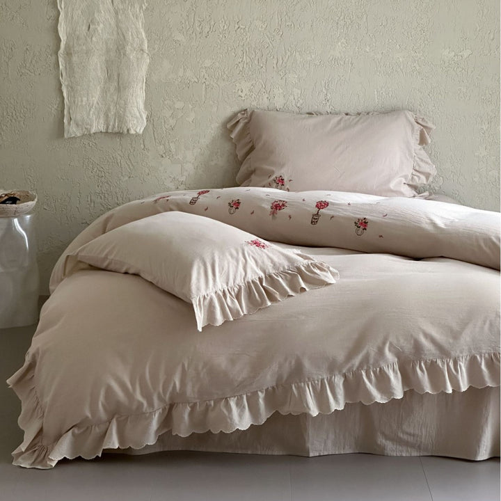 Ruffled Embroidered Cotton Duvet Cover Set with Pillow Shams