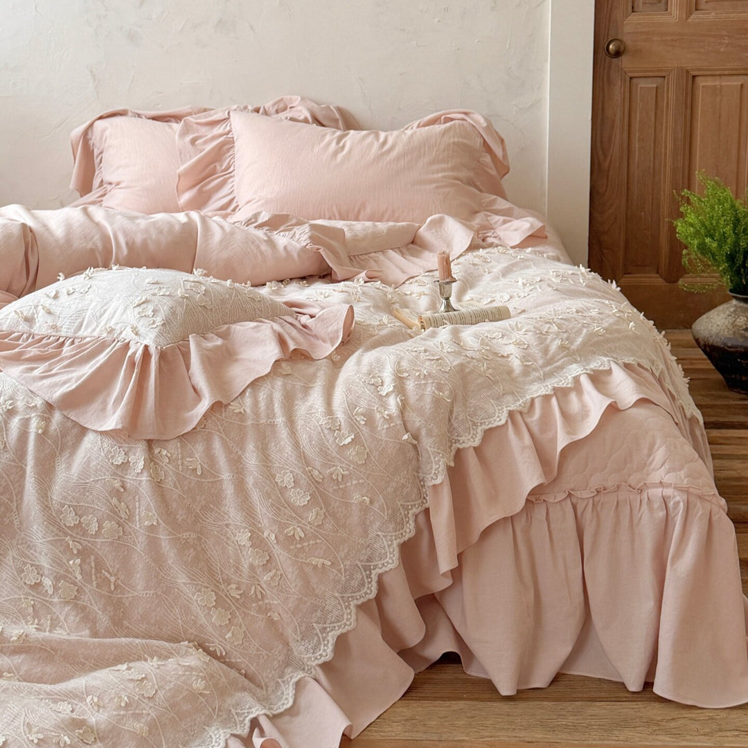 Romantic Ruffled Embroidered Cotton Duvet Cover Set with Lace Overlay & Bed Skirt