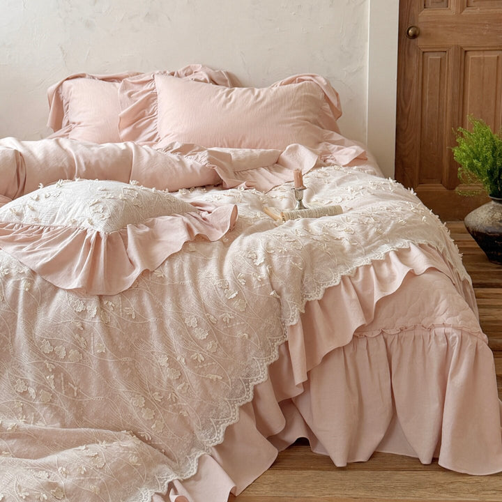 Romantic Ruffled Embroidered Cotton Duvet Cover Set with Lace Overlay & Bed Skirt