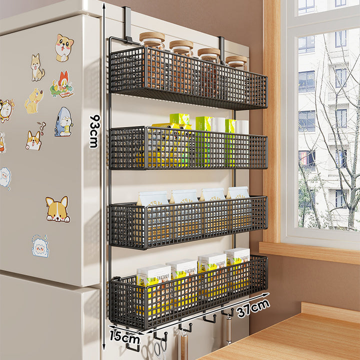 Over-Refrigerator Vertical Hanging Mesh Storage Rack with Deep Baskets and Hook Rail