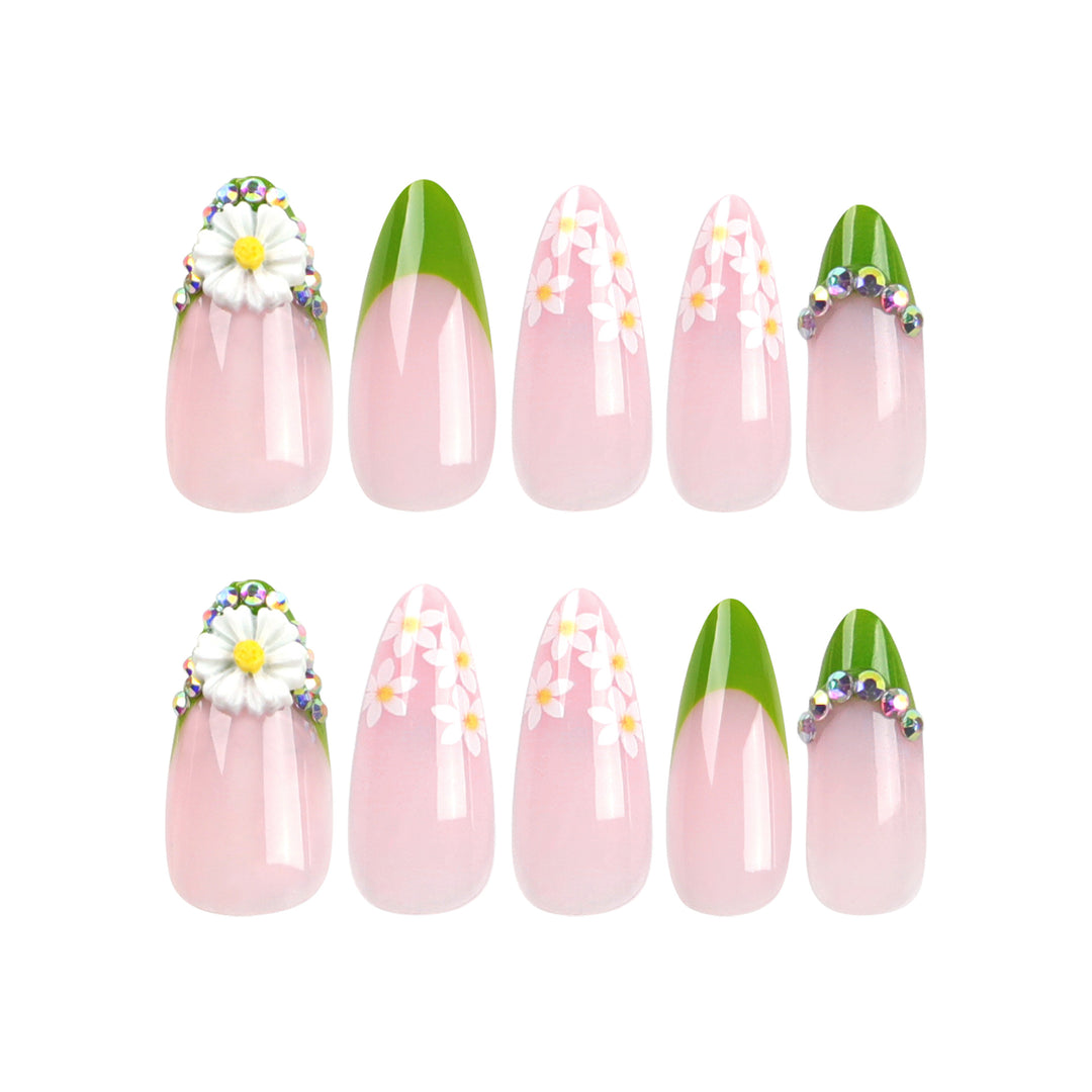 Artificial nails with floral accents and green French tip Stornfield