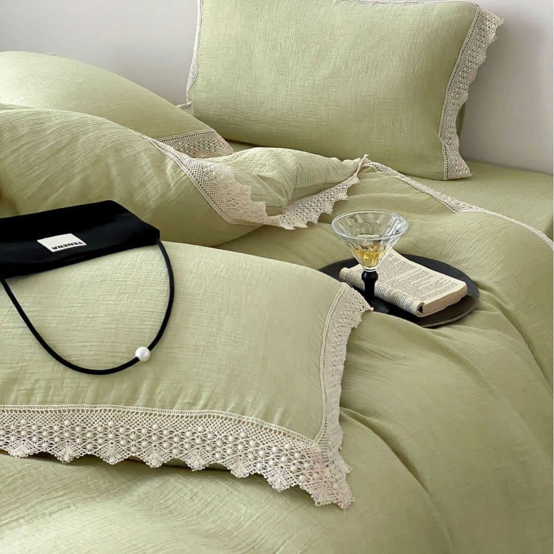 Luxurious linen bedding set with lace trim and pillowcases