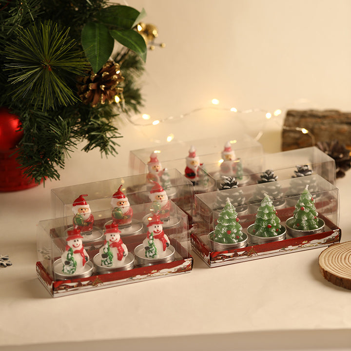 Miniature Christmas Sculptural Tea Light Candle Set with Metal Cup Novelty Santa Snowman Pinecone Tree Designs