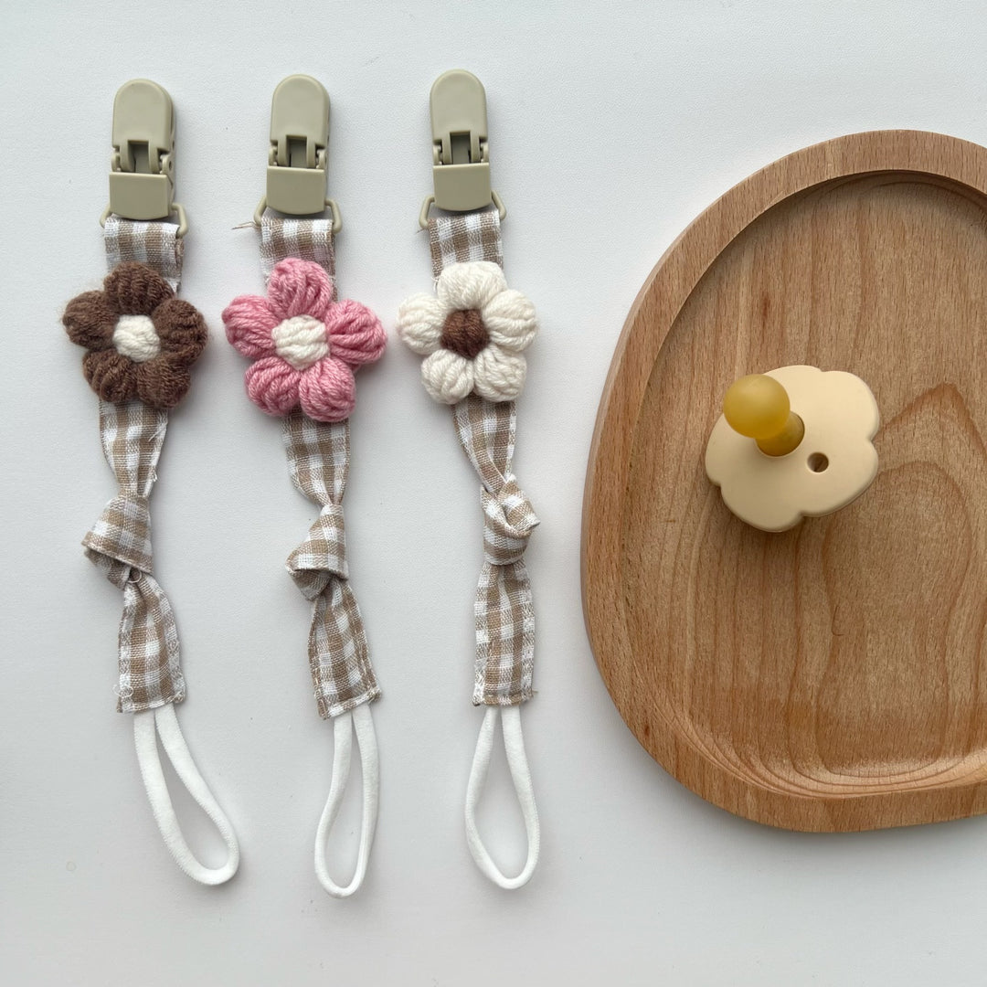 Pacifier and Teether Clip with Wooden Safety Clip and Crochet Flower