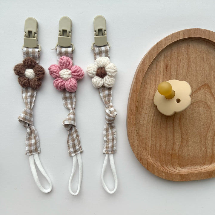 Pacifier and Teether Clip with Wooden Safety Clip and Crochet Flower