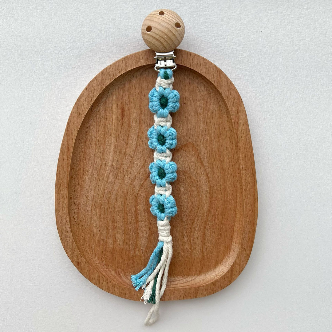 Macramé Flower Pacifier Clip with Wooden Safety Clamp