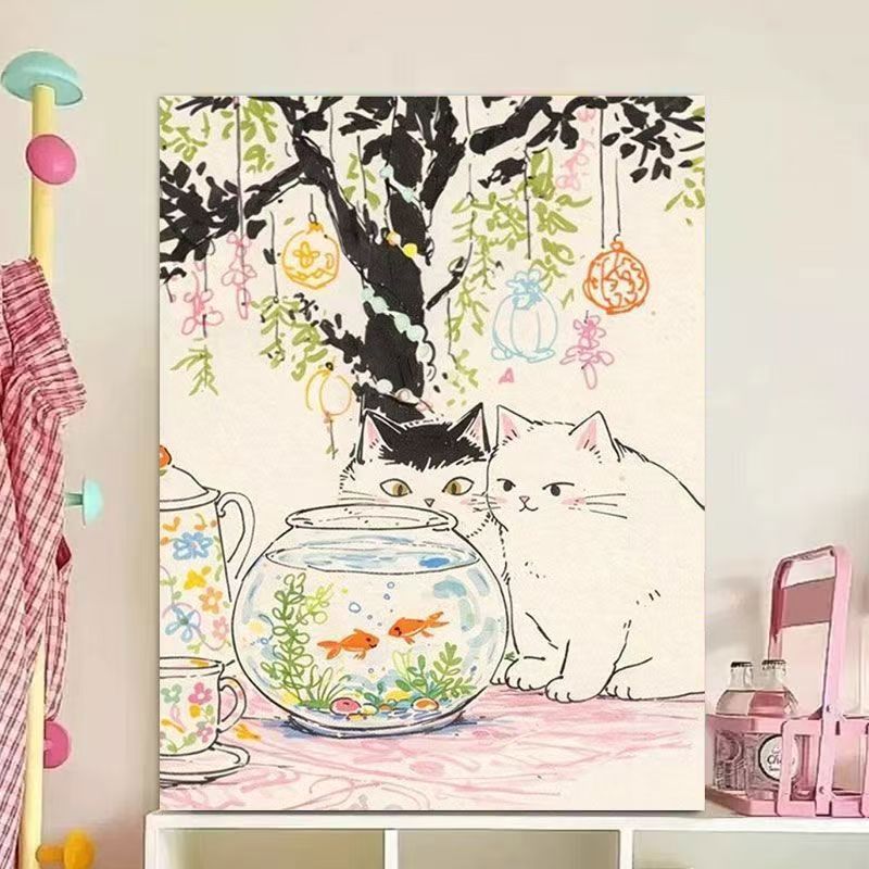 Whimsical Cat Illustration Canvas Art Print Stornfield