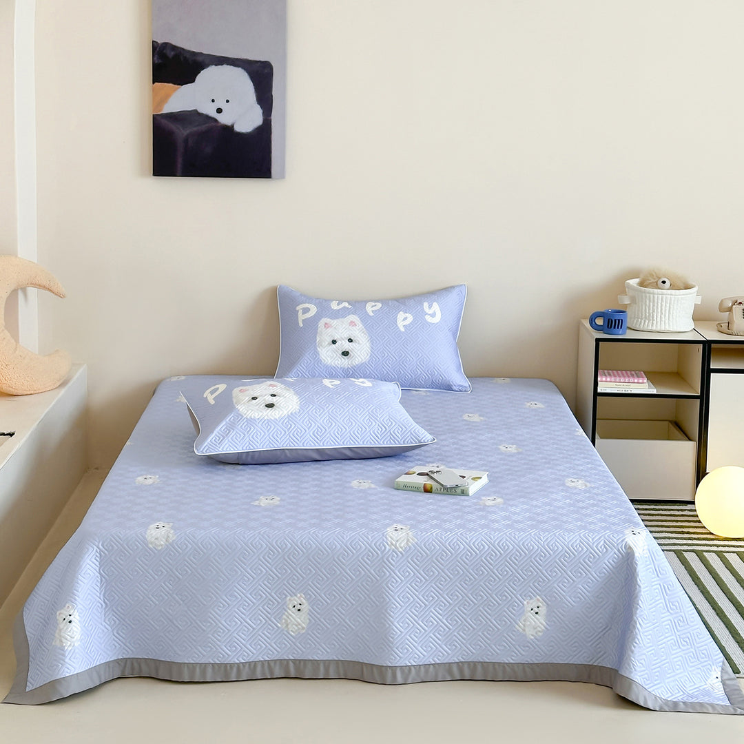 Quilted Cotton Bedspread and Pillowcase Set with Cute Cat Motif