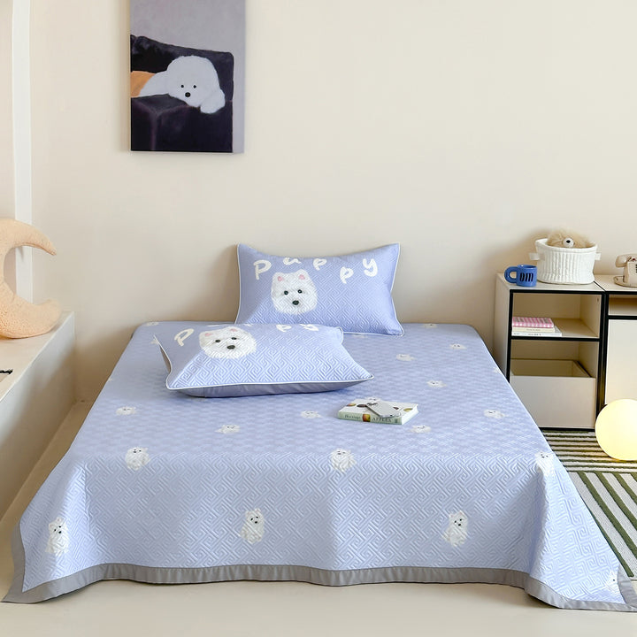 Quilted Cotton Bedspread and Pillowcase Set with Cute Cat Motif