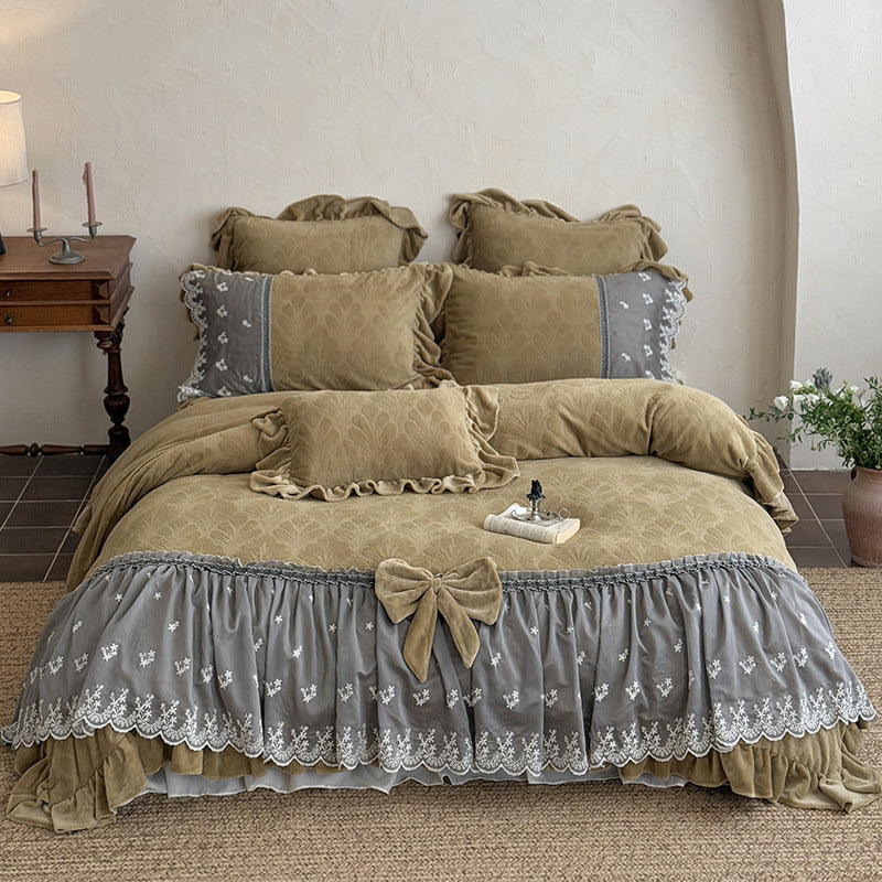 Luxury Ruffled Velvet-Jacquard Duvet Cover Set with Embroidered Lace Skirt & Bow
