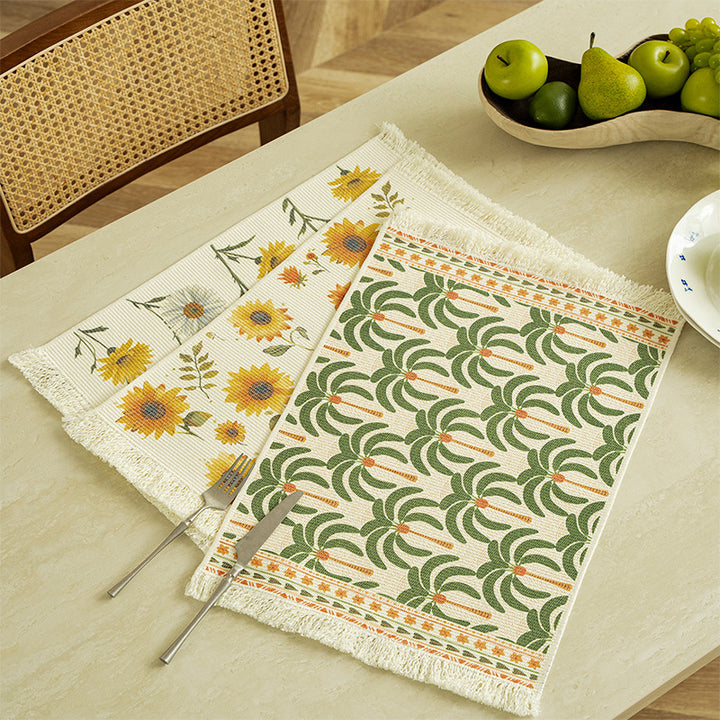 Woven living and beach rug with palm jacquard and decorative fringes Stornfield