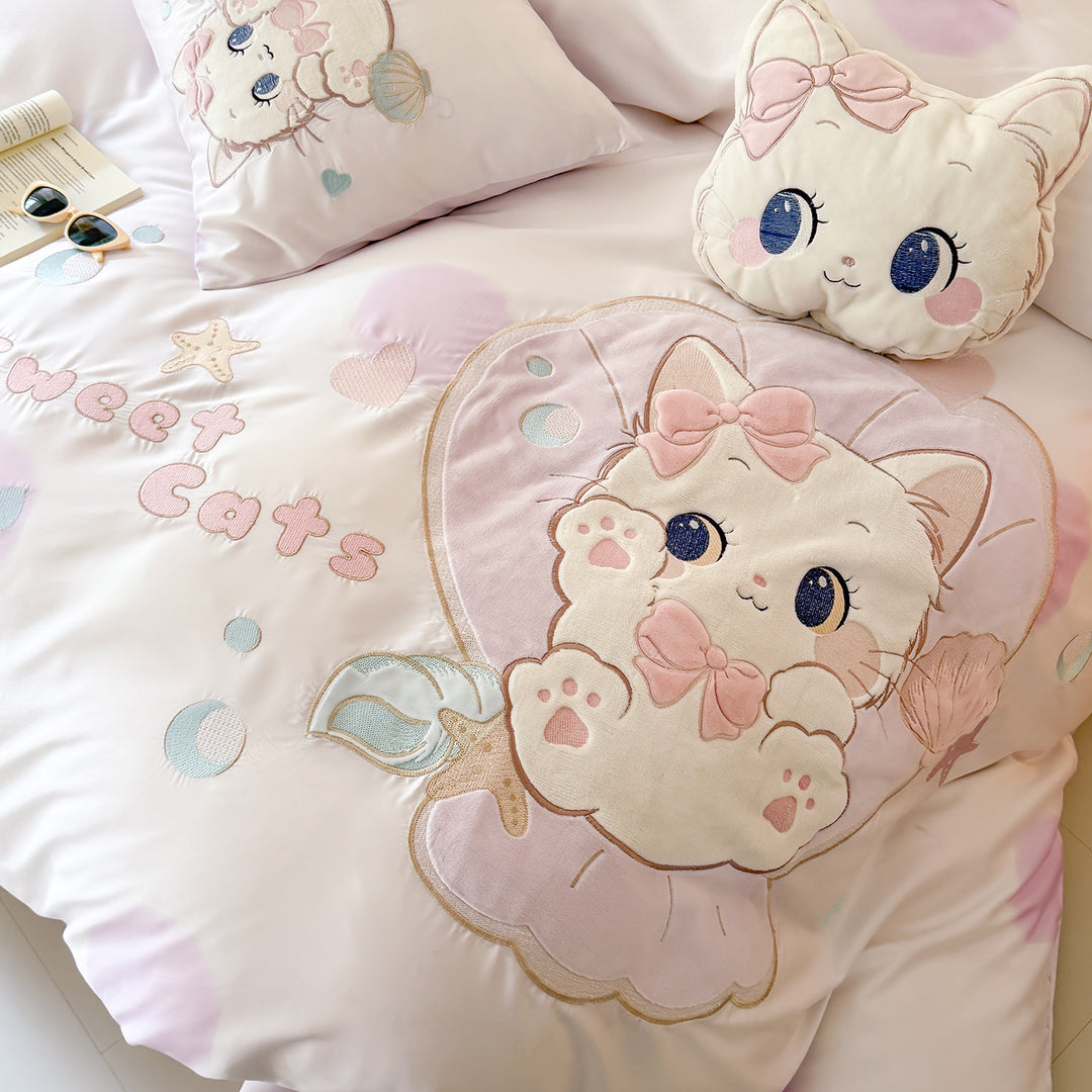 Embroidered Cat-Themed Satin Duvet Cover Set with Plush Decorative Pillow