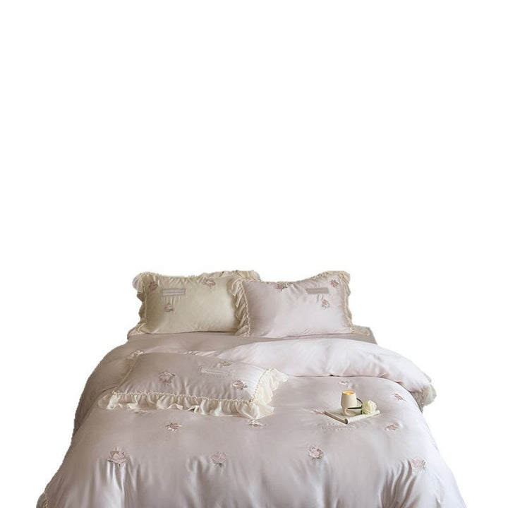 Reversible Cotton-Sateen Rose Embroidered Ruffled Duvet Cover Set with Frilled Pillow Shams and Hidden Closure