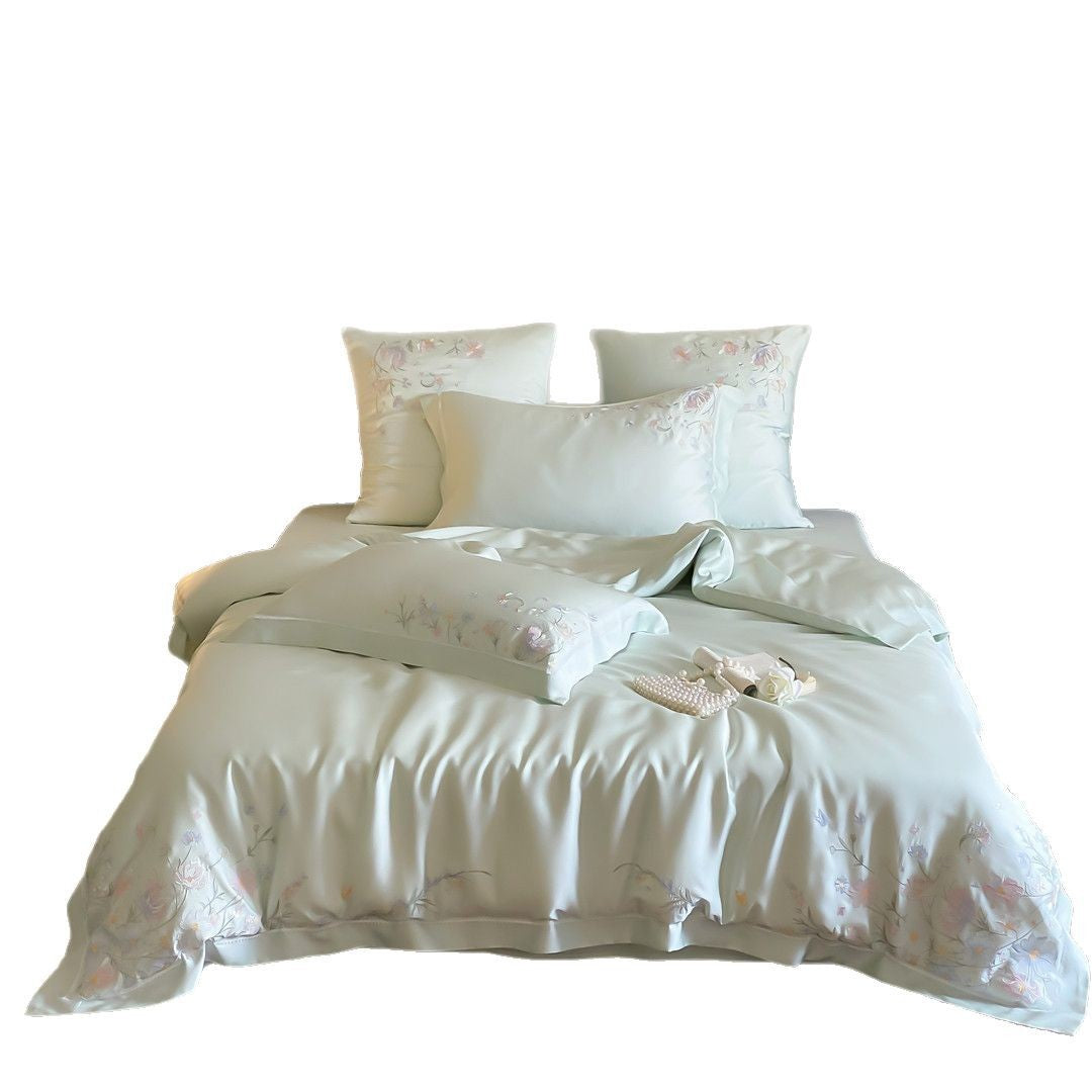 Satin-Feel Embroidered Floral Bedding Set with Duvet Cover and Pillow Shams
