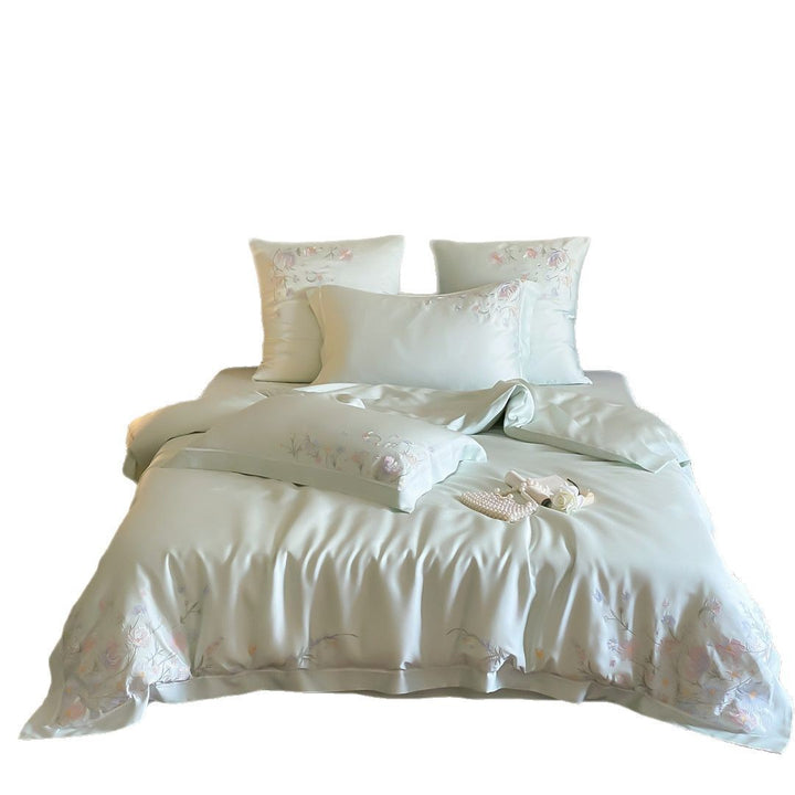 Satin-Feel Embroidered Floral Bedding Set with Duvet Cover and Pillow Shams