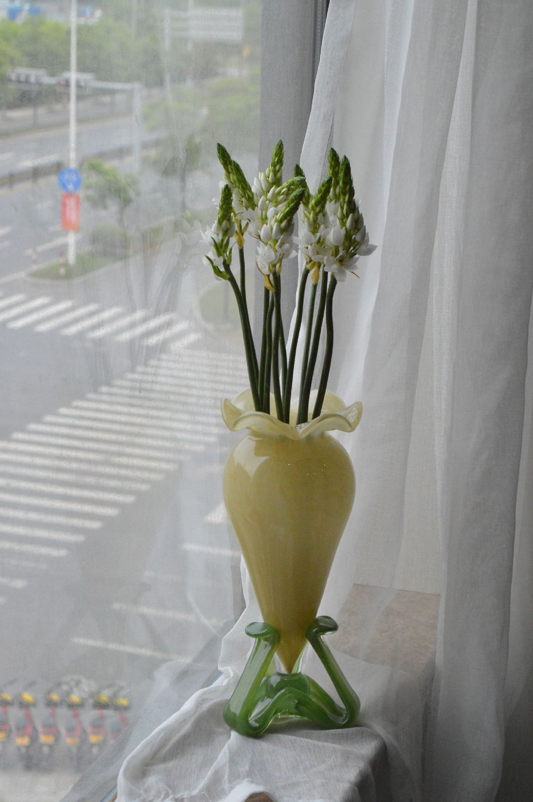 Handblown Fluted Pedestal Art Glass Trumpet Vase Stornfield