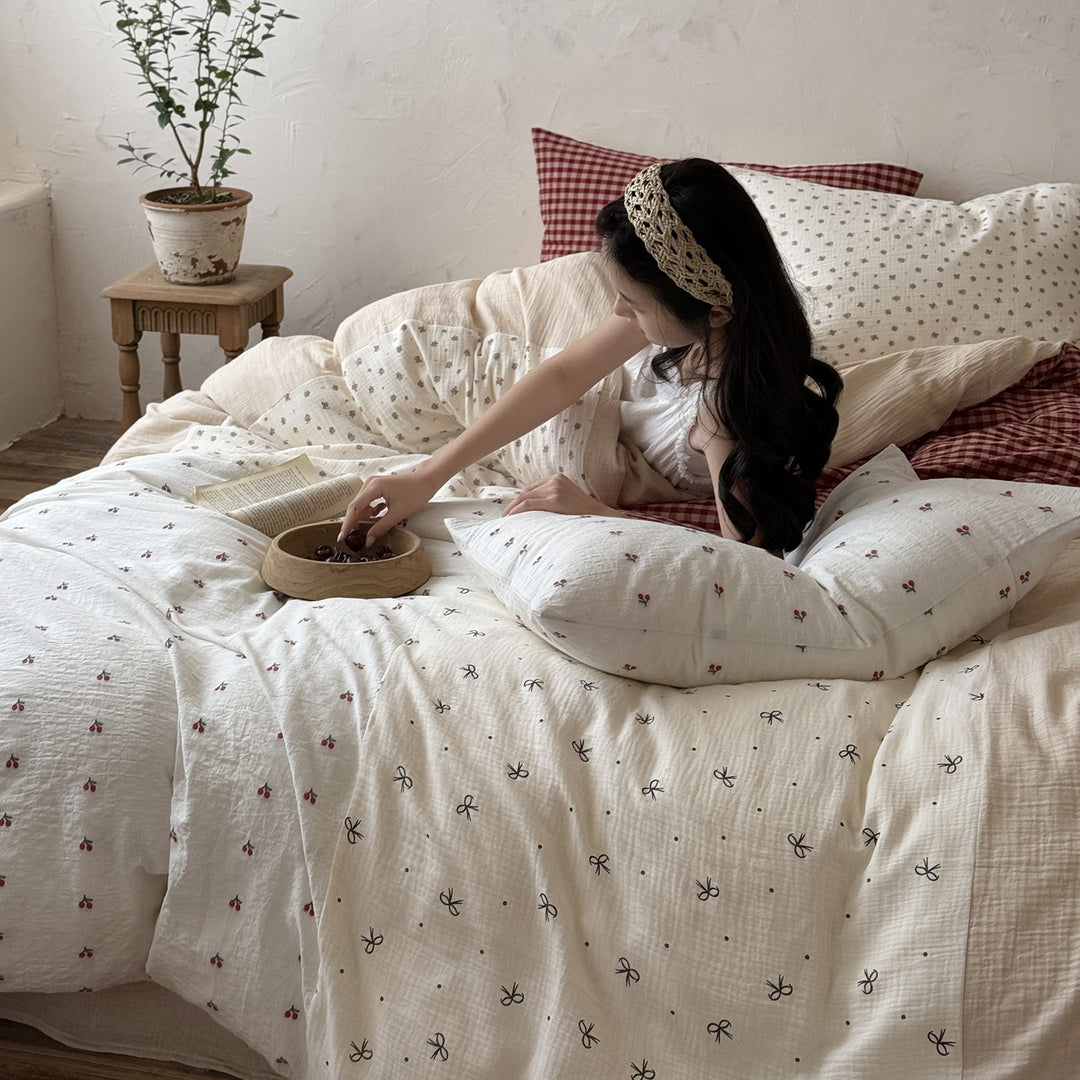 Washed Gauze Cotton Layered Duvet Cover Set with Micro Floral Embroidery and Gingham Accent Pillow