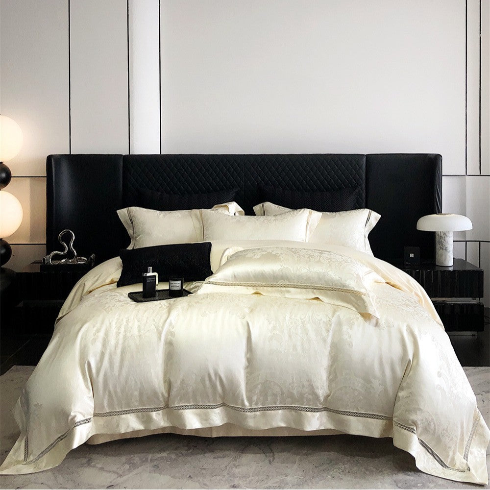 Silk-Feel Jacquard Duvet Cover Bedding Set with Decorative Embroidered Border