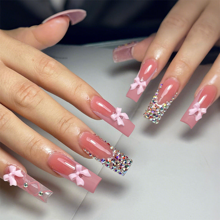 Decorative Nail Art Press-On Set with Bow and Gem Accents Stornfield