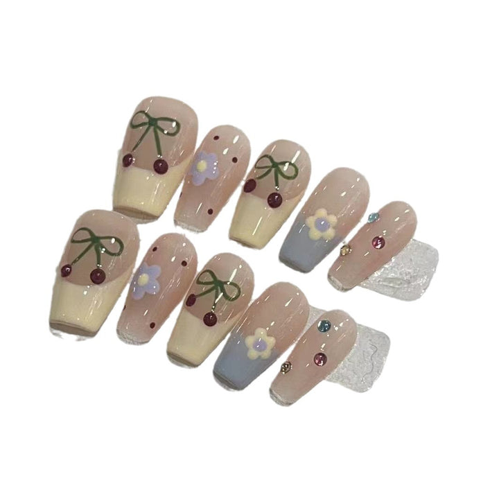 Charming Decorative Press-On Nail Set with Cherry and Floral Designs Stornfield