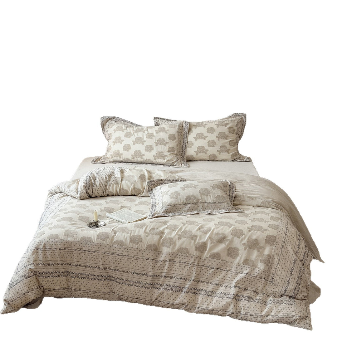 Duvet cover set made of cotton-linen with floral jacquard structure and ruffle
