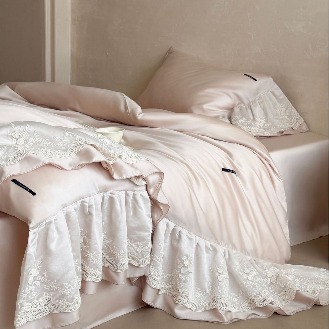 Extravagant satin duvet cover set with ruffled lace trim and silky smooth texture