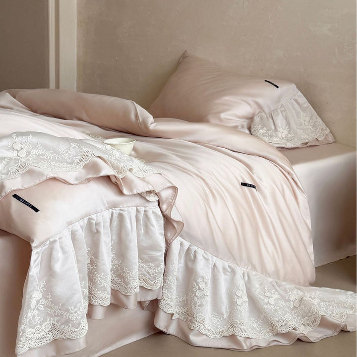 Extravagant satin duvet cover set with ruffled lace trim and silky smooth texture