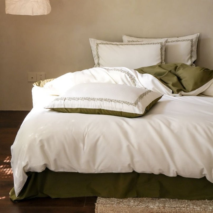 Reversible Cotton Sateen Duvet Cover Set with Contrast Hem and Embroidered Border Pillow Shams