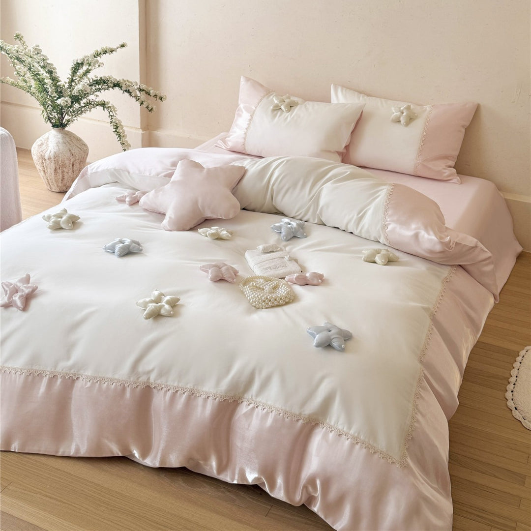 Luxury Silk-Feel Satin Duvet Cover Set with 3D Star Appliqué & Lace Trim