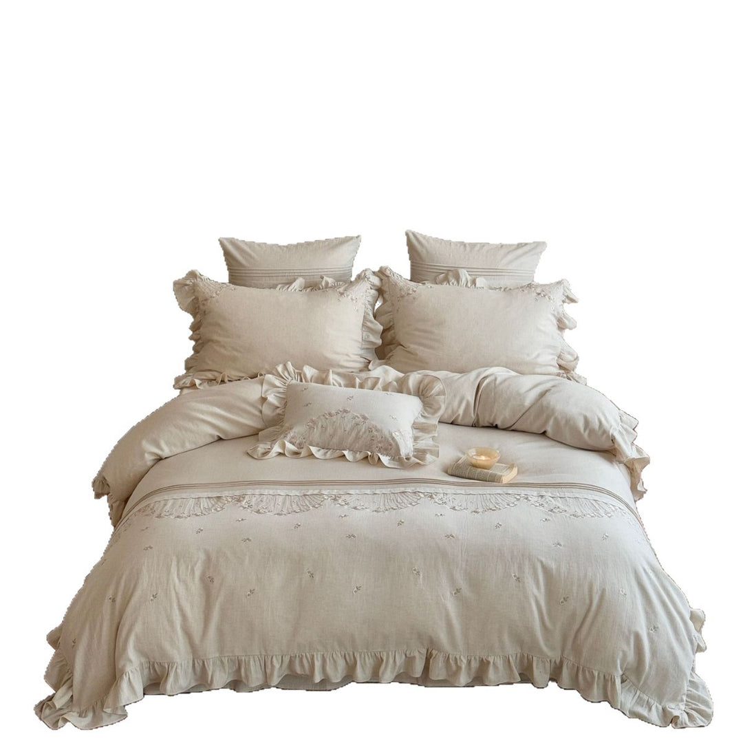 Ruffled Embroidered Linen Duvet Cover Set with Frilled Sham Pillowcases