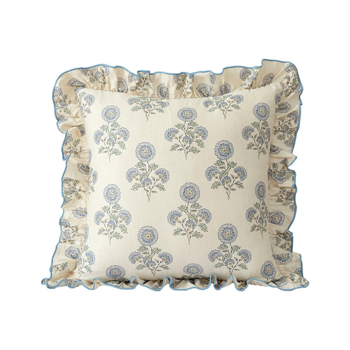 Decorative cushion with ruffles and botanical linen pattern Stornfield