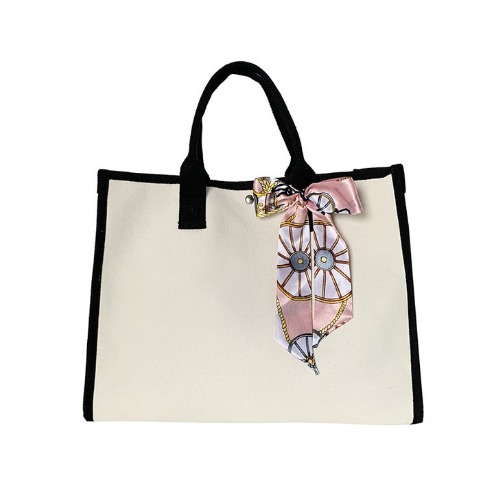 Spacious Canvas Tote Bag with Decorative Ribbon