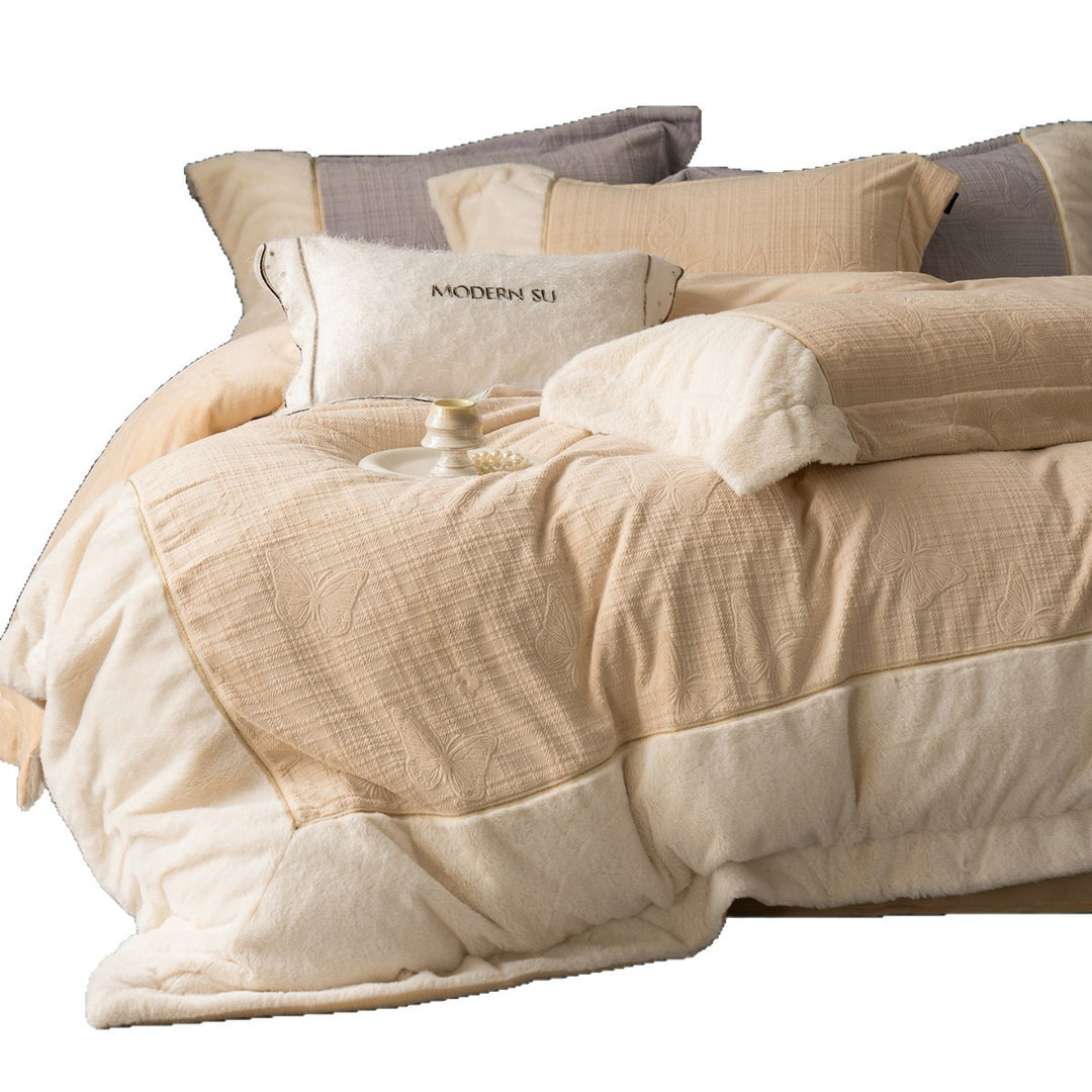 Plush Reversible Faux-Fur Comforter Set with Quilted Butterfly-Embossed Cotton Top and Decorative Throw Pillow