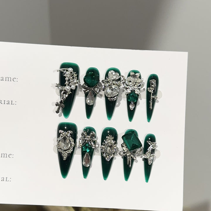 Elegant Gemstone-Embellished Press-On Nails